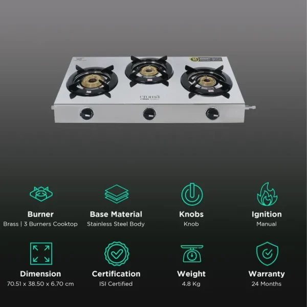 Gas Stove Croma 3 Burner SS Manual (Stainless Steel, Silver) - Image 3