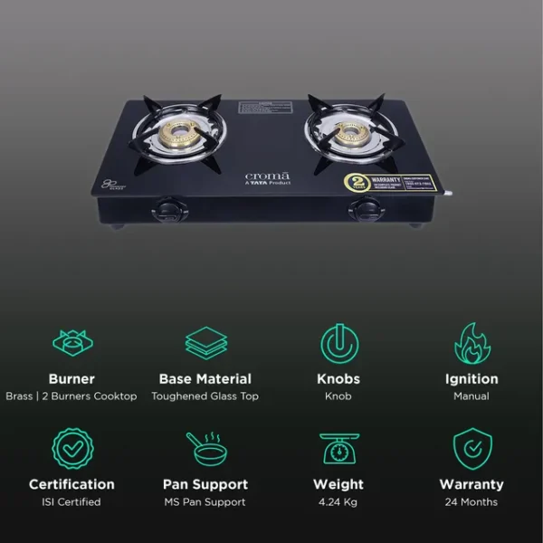 2 Burner Manual Gas Stove Croma Classic Toughened Glass Top  (ISI Certified, Black) - Image 3