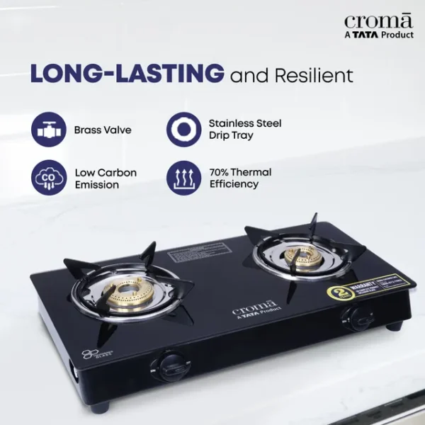 2 Burner Manual Gas Stove Croma Classic Toughened Glass Top  (ISI Certified, Black) - Image 5