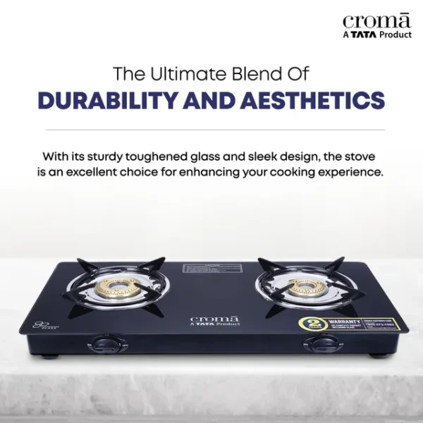 2 Burner Manual Gas Stove Croma Classic Toughened Glass Top  (ISI Certified, Black) - Image 7