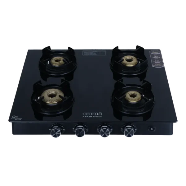 Gas Stove 4 Burner Automatic Croma Toughened Glass Top (Flame proof pan support, Black)