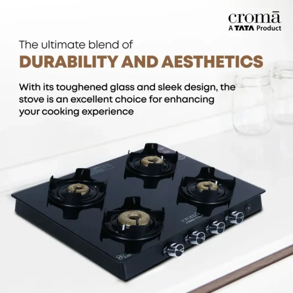 Gas Stove 4 Burner Automatic Croma Toughened Glass Top (Flame proof pan support, Black) - Image 7