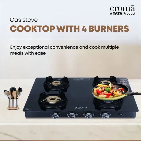 Gas Stove 4 Burner Automatic Croma Toughened Glass Top (Flame proof pan support, Black) - Image 11