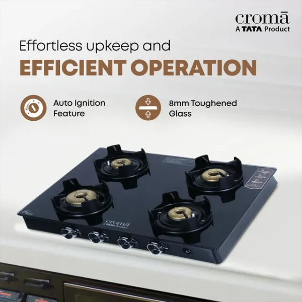 Gas Stove 4 Burner Automatic Croma Toughened Glass Top (Flame proof pan support, Black) - Image 12