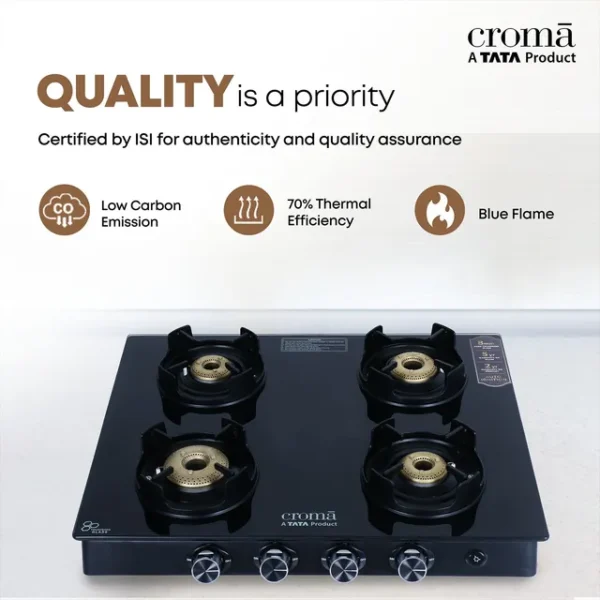 Gas Stove 4 Burner Automatic Croma Toughened Glass Top (Flame proof pan support, Black) - Image 13