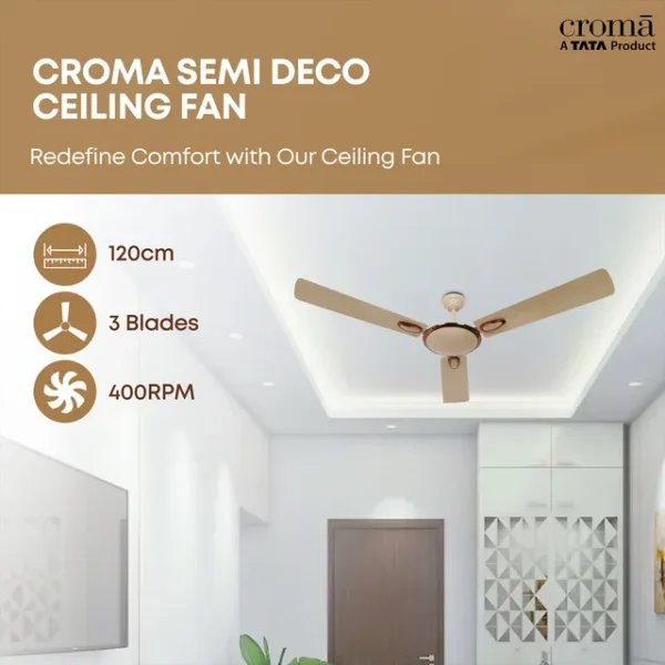Ceiling Fan Croma Semi Deco 1200mm 3 Blade Energy Efficient-AF2006 (Reliable Operation, Mid Buff) - Image 6