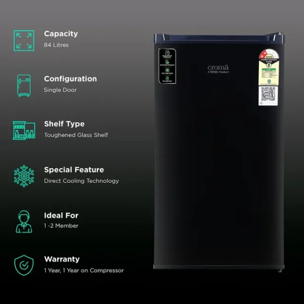Single Door Refrigerator Croma 84 Litres 2 Star Direct Cool with Reversible Door ( Black) - Image 18