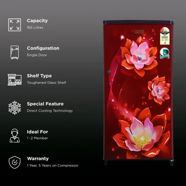 Single Door Refrigerator Croma 165 Litres 2 Star Direct Cool  with Anti Fungal Gasket ( PCM Floral) - Image 15
