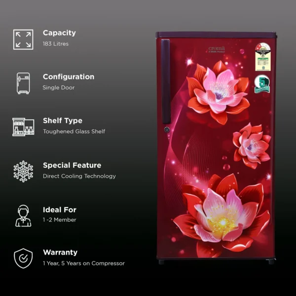 Single Door Refrigerator Croma 183 Litres 2 Star Direct Cool with Anti-Fungal Door Gasket ( Rosalind Wine) - Image 18