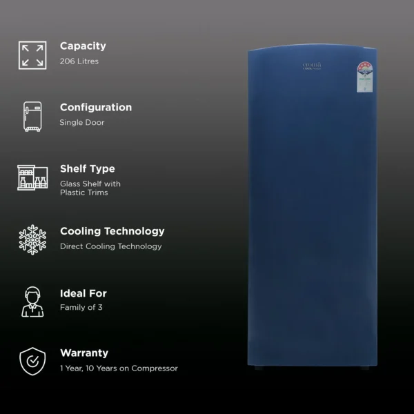 Single Door Refrigerator Croma 206 Litres 4 Star Direct Cool with Inverter Compressor ( Blue) - Image 17