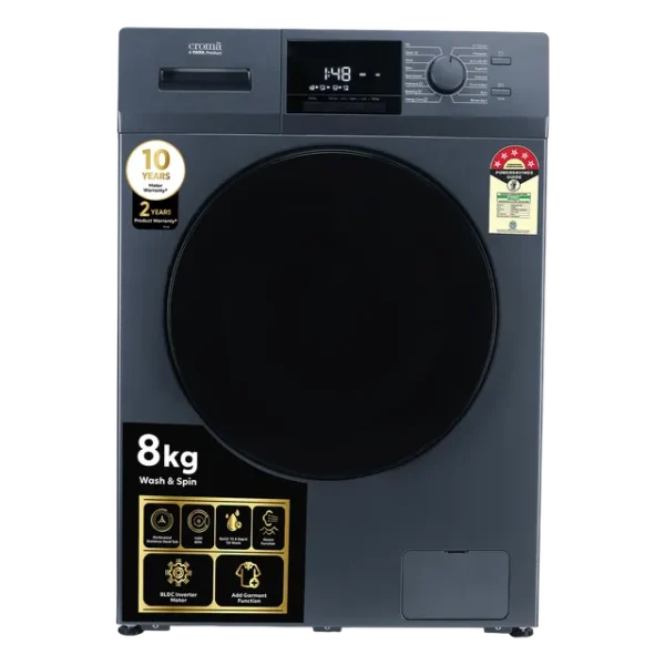 Washing Machine Front Load  Croma 8 kg 5 Star Inverter Fully Automatic  (CRLW080FLF316252, BLDC Invertor Motor, Polar Blue)