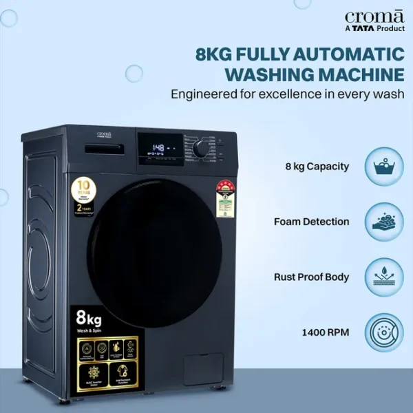 Washing Machine Front Load  Croma 8 kg 5 Star Inverter Fully Automatic  (CRLW080FLF316252, BLDC Invertor Motor, Polar Blue) - Image 6