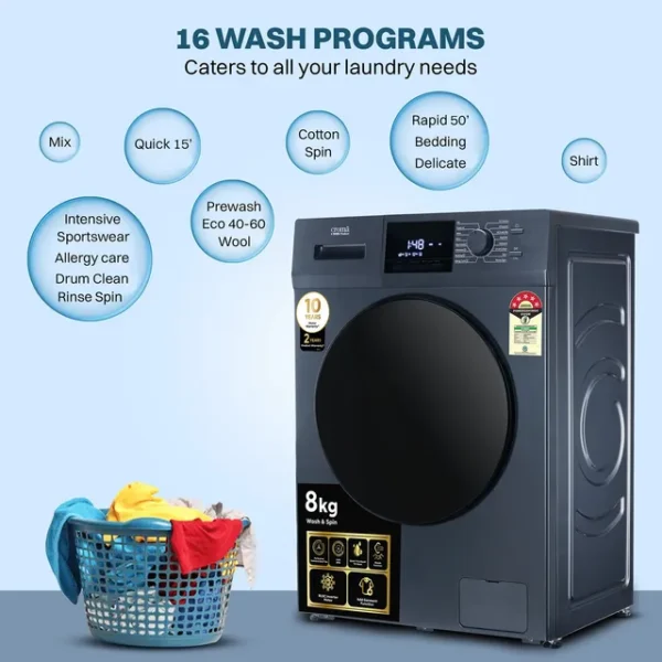 Washing Machine Front Load  Croma 8 kg 5 Star Inverter Fully Automatic  (CRLW080FLF316252, BLDC Invertor Motor, Polar Blue) - Image 5