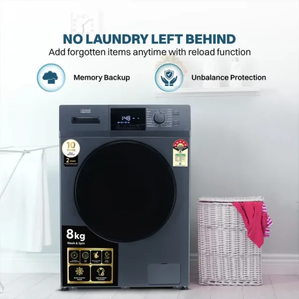 Washing Machine Front Load  Croma 8 kg 5 Star Inverter Fully Automatic  (CRLW080FLF316252, BLDC Invertor Motor, Polar Blue) - Image 3
